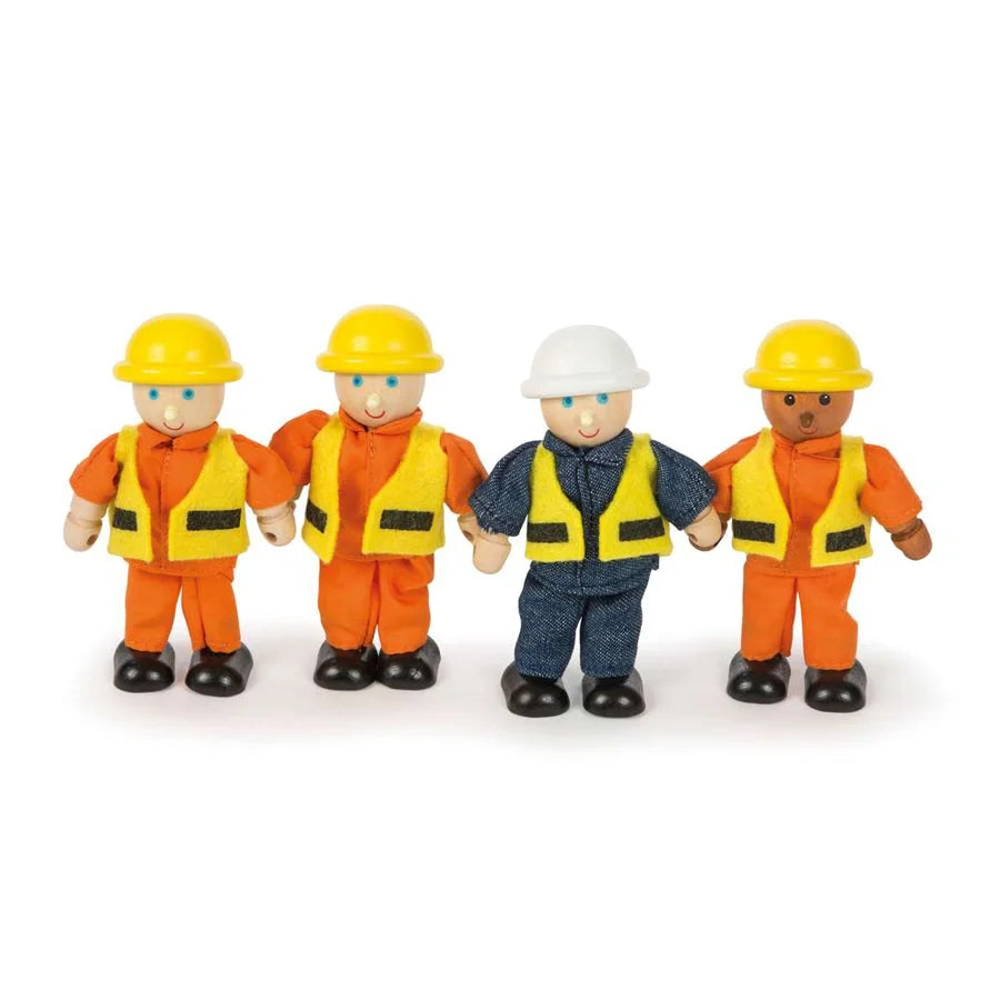 set van 4 houten bouwvakkers popjes