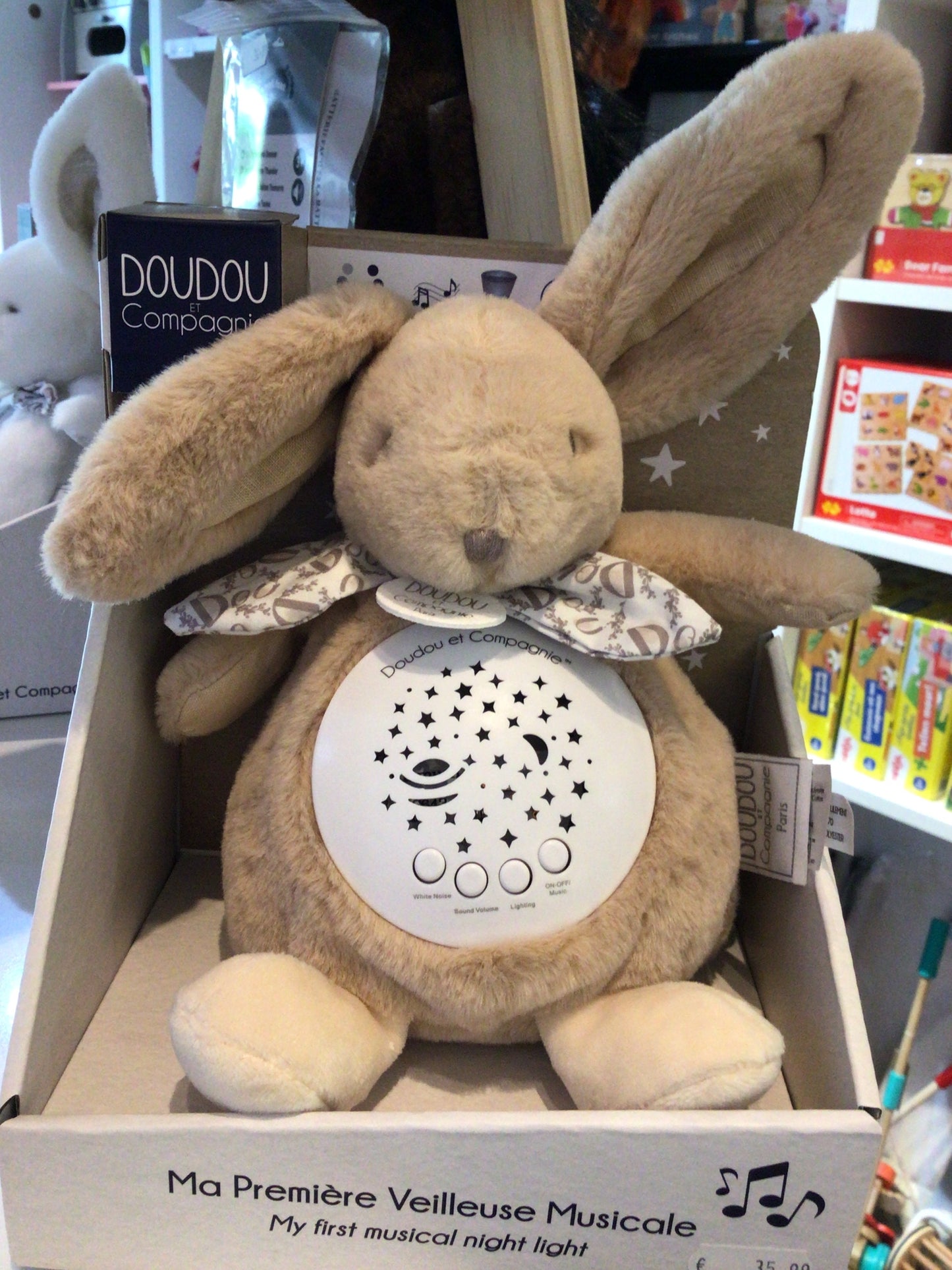 zacht pluche konijn beige met muziek en sterrenprojectie doudou & cie