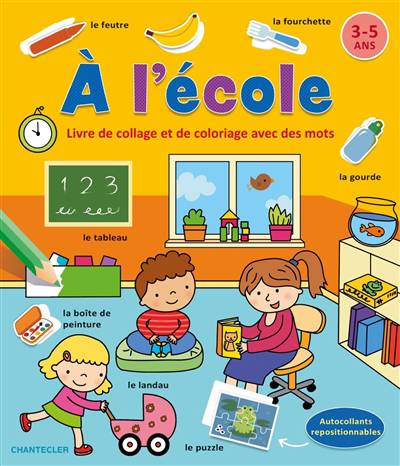 à l'école - Livre de collage et de coloriage avec des mots FRA