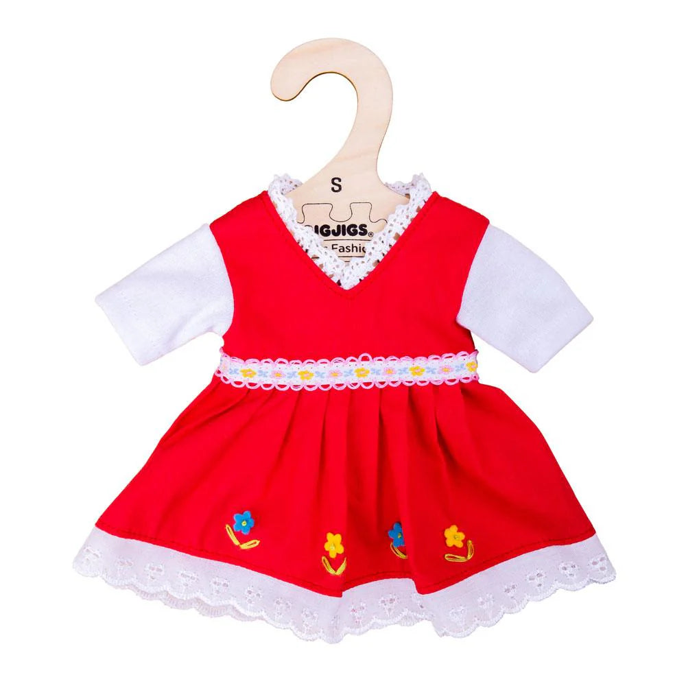 kledij set voor stoffen pop S - red dress with floral trim