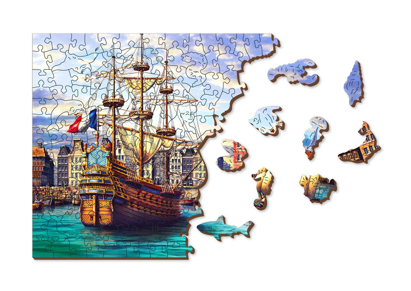 houten legpuzzel oude schepen in haven - 505pc - puzzle en bois vieux bateaux dans le port