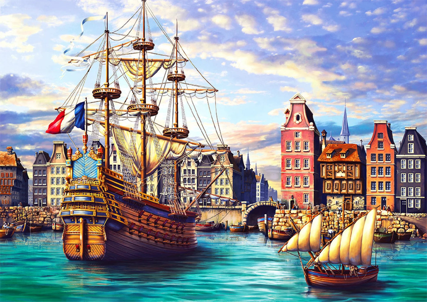 houten legpuzzel oude schepen in haven - 505pc - puzzle en bois vieux bateaux dans le port