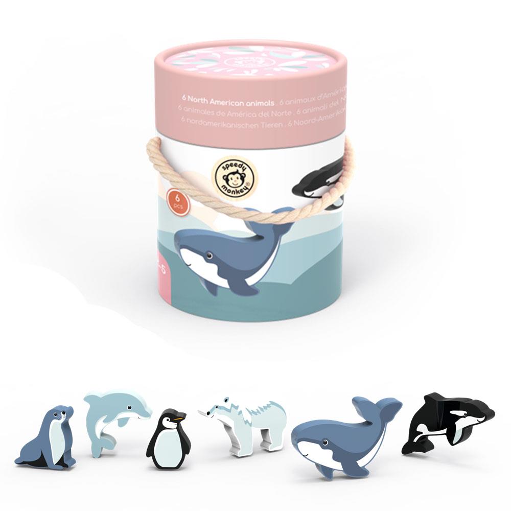 ton met 6 houten dieren - arctis - animaux du monde
