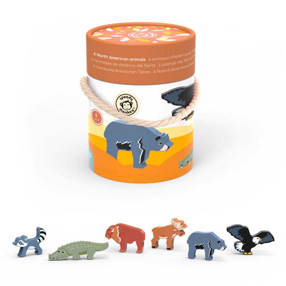 tonneau avec 6 animaux en bois - amérique du nord - animaux du monde