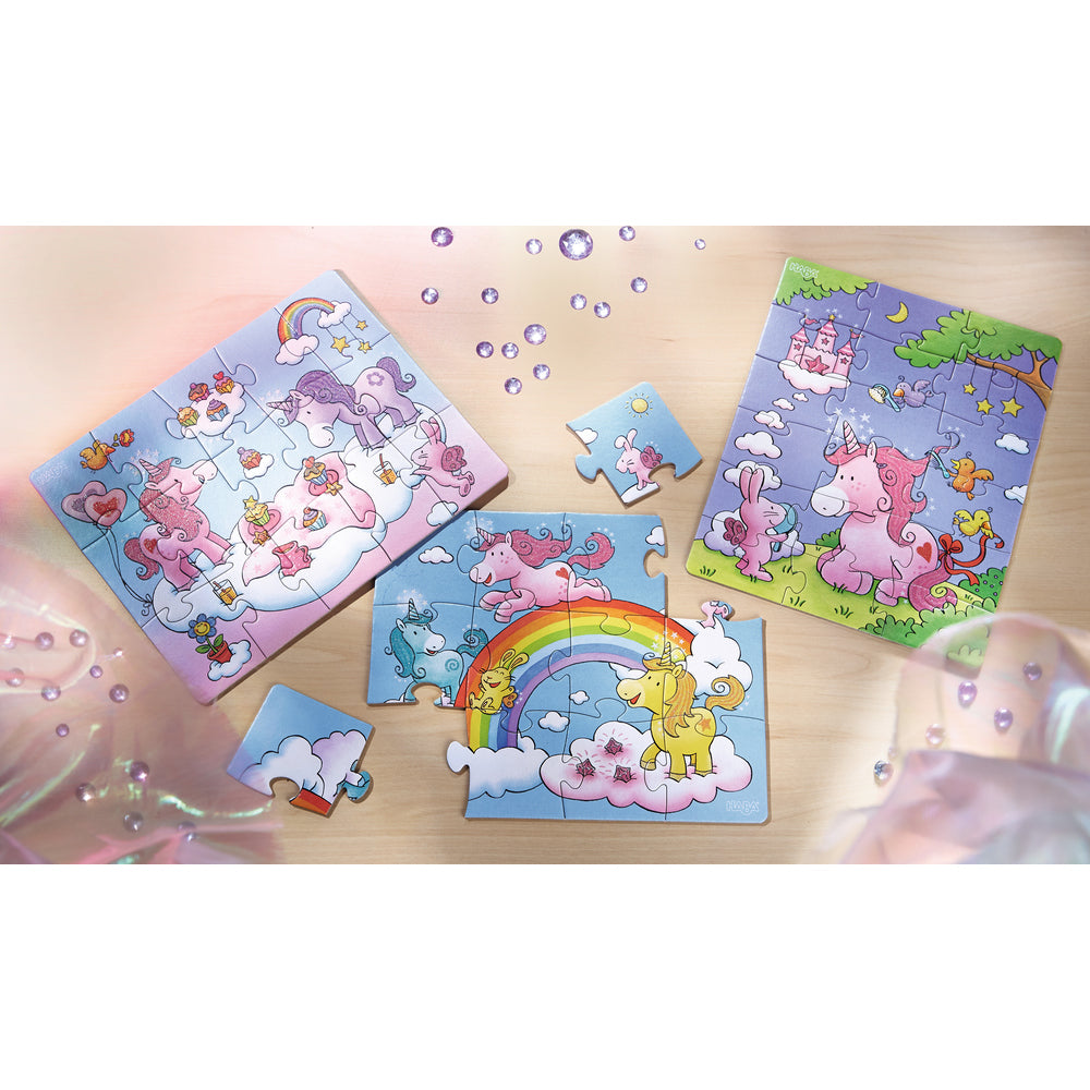 set van 3 puzzels eenhoorn flonkerglans roze doos
