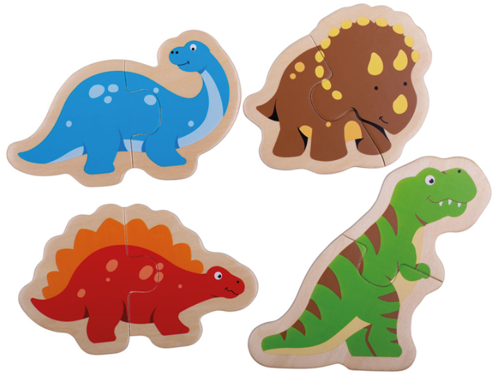Quatre puzzles en deux pièces Thème dinosaure - 4 Puzzles et 2 pièces.