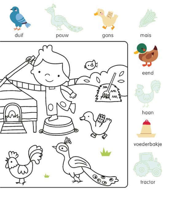 livre de coloriage et d'autocollants avec des mots - à la ferme NED