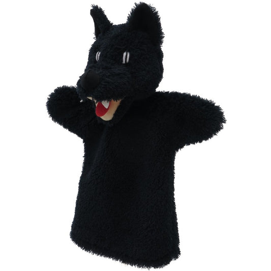 marionnette loup noir - loup noir 28 cm - marionnette à main loup noir