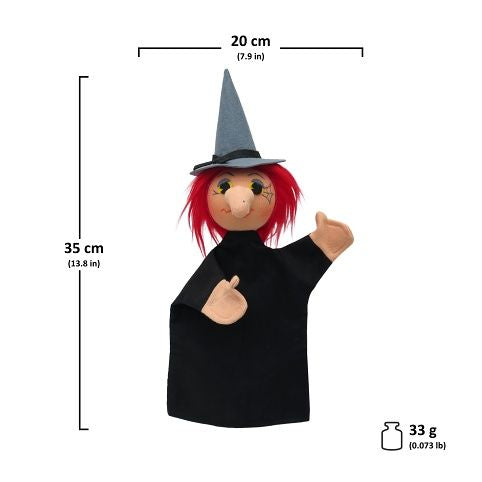 handpop heks zwart - black witch 35 cm - marionette à main sorcière noir