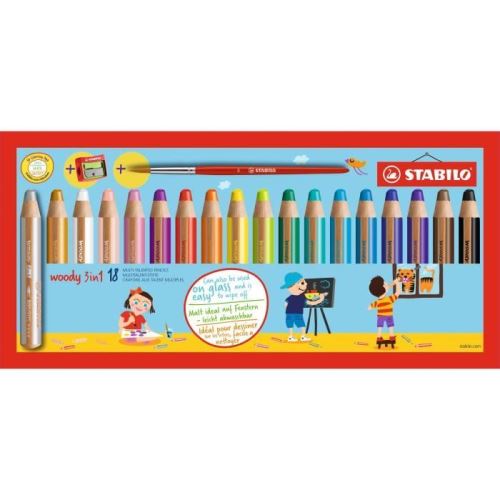 18 gros crayons de couleur STABILO woody 1 taille-crayon et 1 pinceau