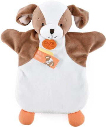 handpop hond bruin en wit - 25cm- marionette chien brun et blanc