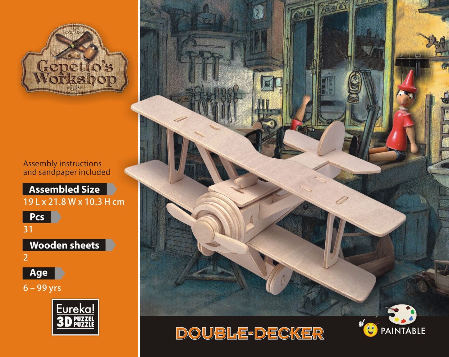 houten 3D puzzel dubbeldekker puzzle 3D en bois - 3D gepetto's double decker - puzzle 3D en bois biplan