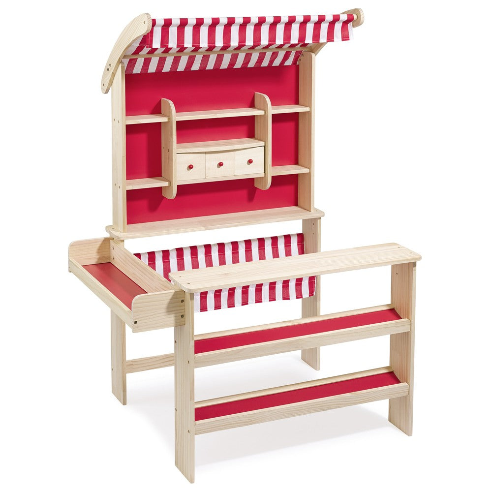 houten winkeltje met luifel wit en rood - magasin en bois avec auvent blanc et rouge