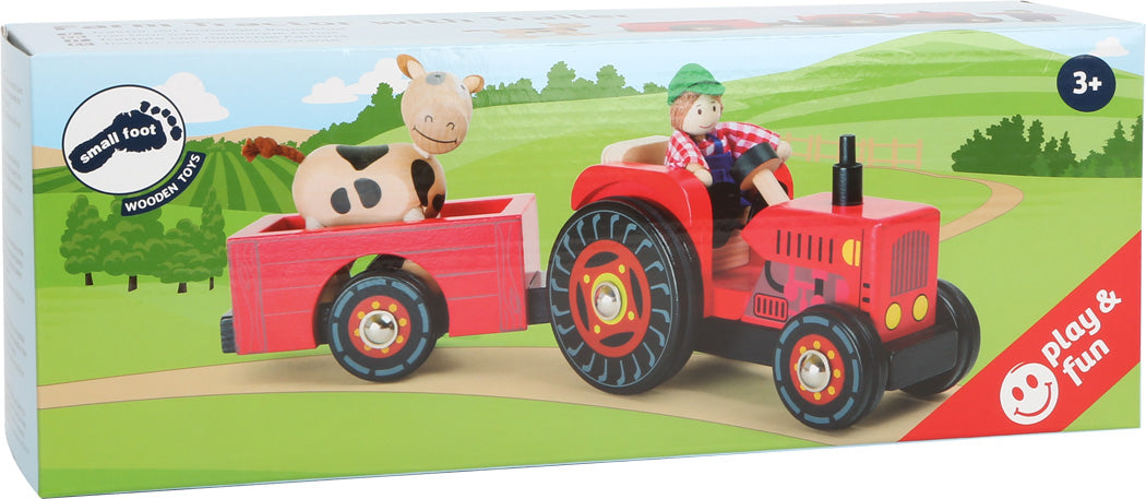 houten tractor set met aanhangwagen en popjes - tracteur en bois ensemble avec remorque et poupées