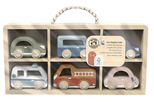 set 6 houten auto's in kistje