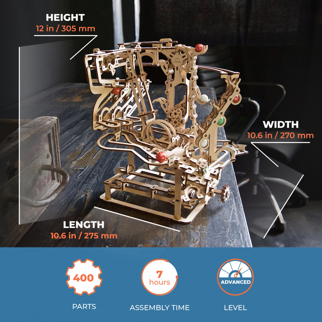 houten 3D puzzel knikkerbaan - marble run #1 chain hoist" level : advanced 400pc - puzzle en bois 3D piste de marbre