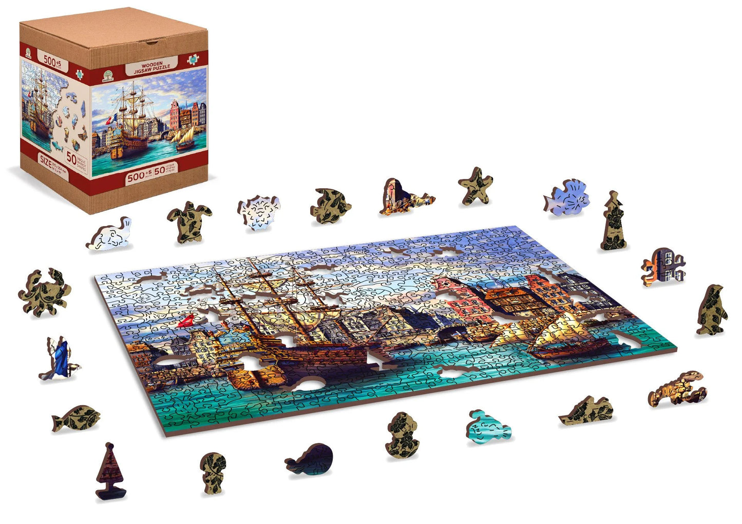 houten legpuzzel oude schepen in haven - 505pc - puzzle en bois vieux bateaux dans le port