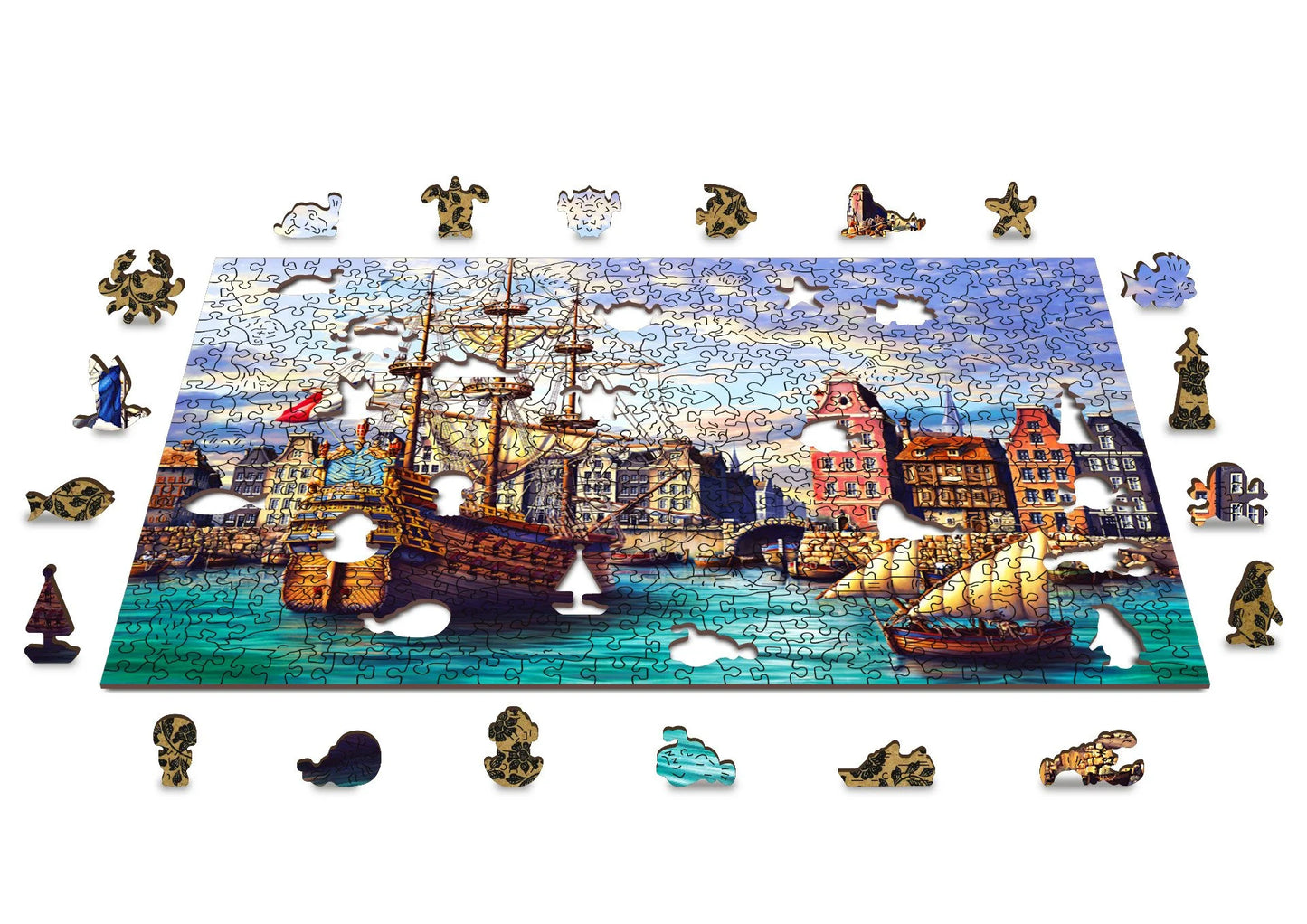 houten legpuzzel oude schepen in haven - 505pc - puzzle en bois vieux bateaux dans le port
