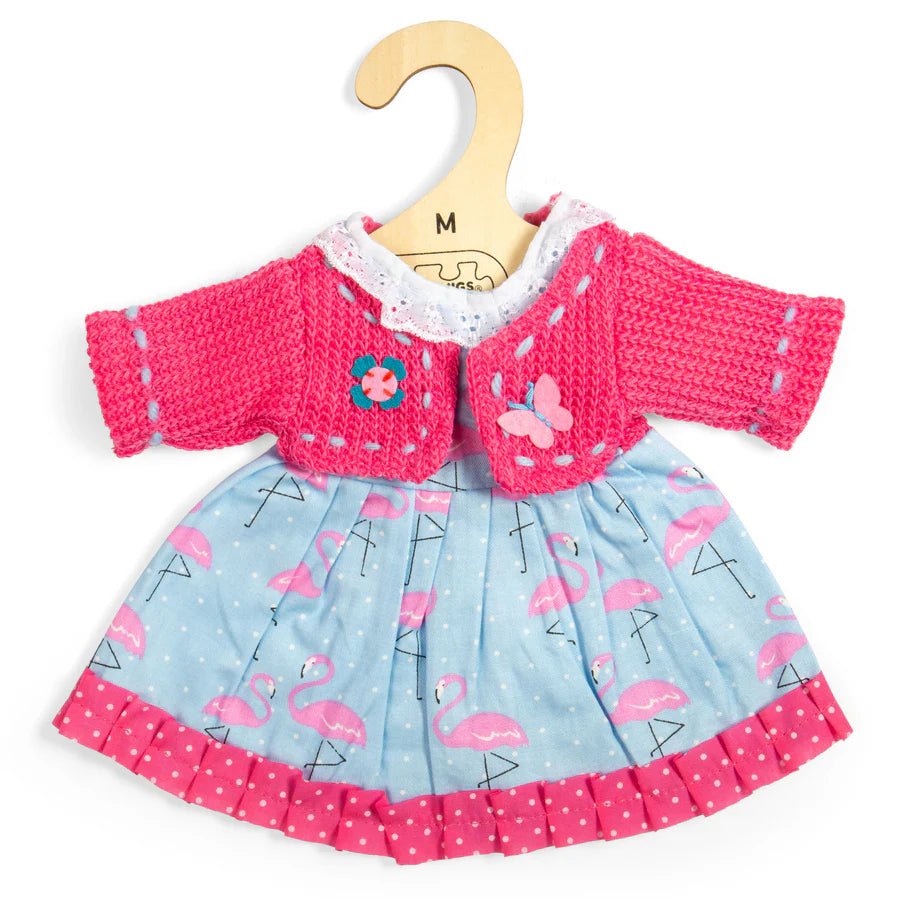kledij  voor stoffen pop M blauwe jurk met flamingo's en roze cardigan