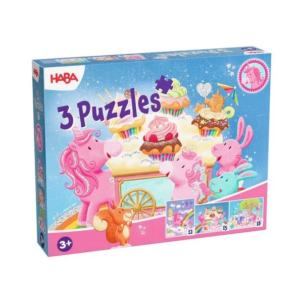 coffret de 3 premiers puzzles licorne étincelante cupcakes nouveau HABA