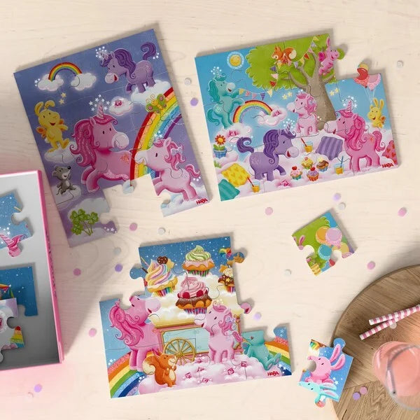coffret de 3 premiers puzzles licorne étincelante cupcakes nouveau HABA