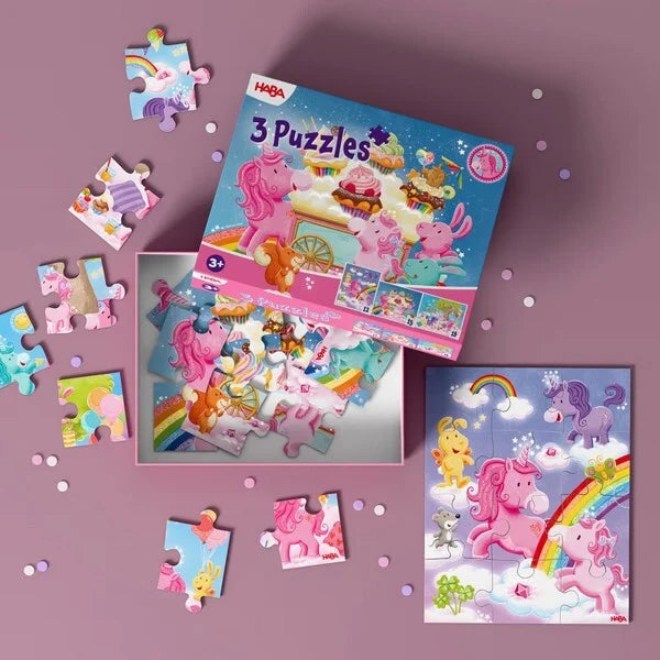 coffret de 3 premiers puzzles licorne étincelante cupcakes nouveau HABA