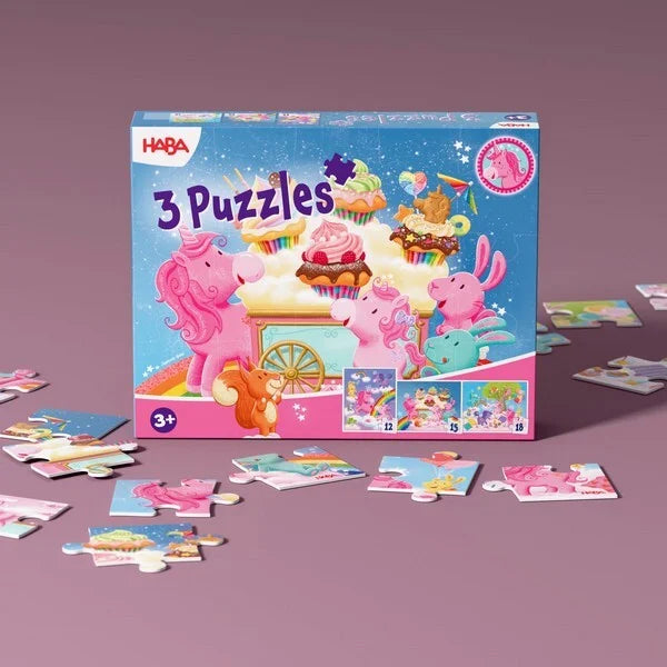 coffret de 3 premiers puzzles licorne étincelante cupcakes nouveau HABA