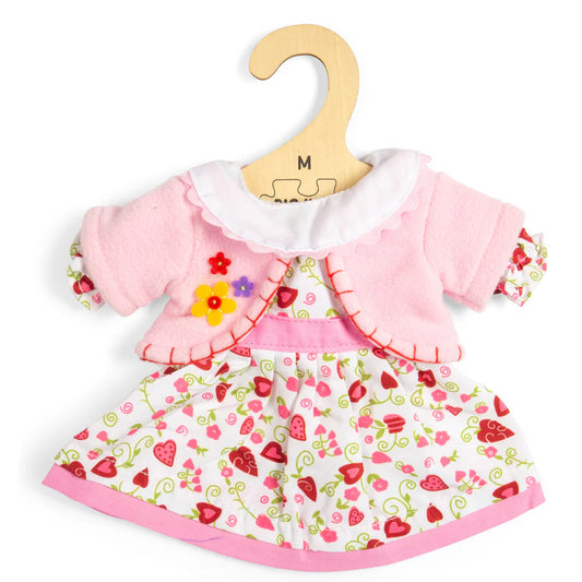 kledij  voor stoffen pop M witte jurk met roze hartjes, met lichtroze cardigan