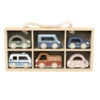 set 6 houten auto's in kistje