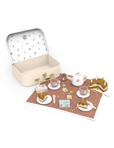 houten verjaardags thee servies in koffertje