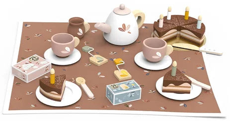 houten verjaardags thee servies in koffertje