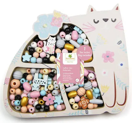 houten parels in kat-vormige doos