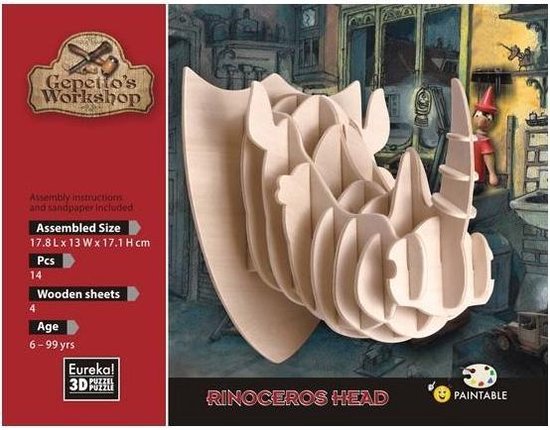 houten 3D puzzel neushoorn kop - 3D gepetto's rhinocero's head - puzzle en bois 3D tête de rhinocère