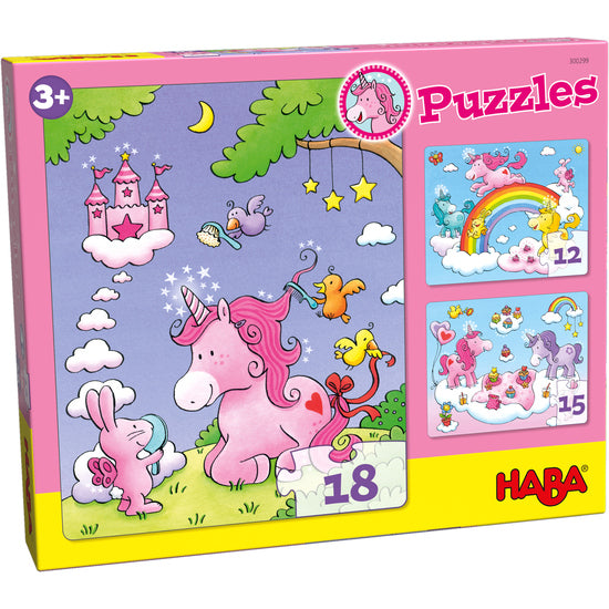set van 3 puzzels eenhoorn flonkerglans - set de 3 puzzles licornes dans les nuages