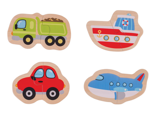 Quatre puzzles en deux pièces Transport thématique - 4 puzzles et 2 pièces.